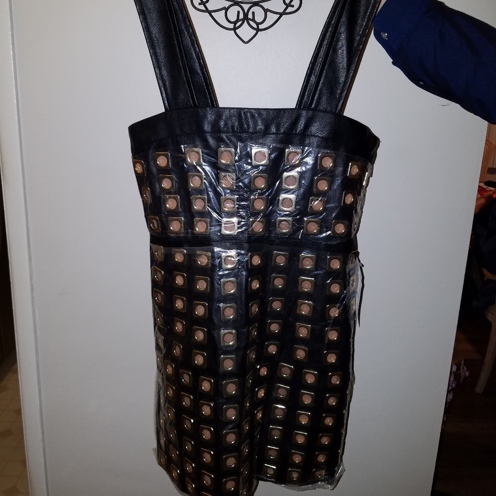 Faux Leather Studded Black Mini Dress